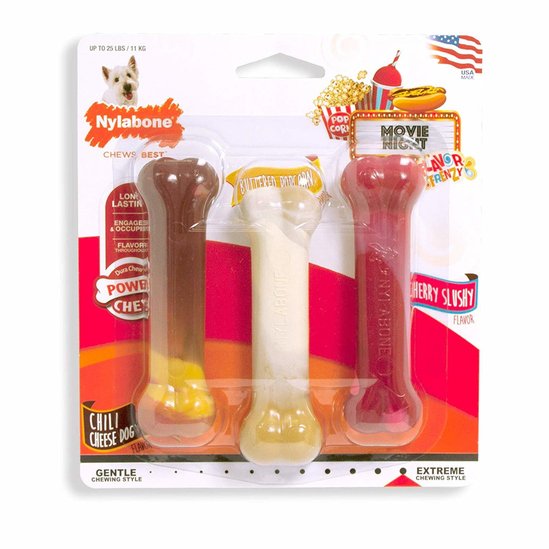 Flavor Frenzy Power Chew Dry Dog Toy, Chili Cheese Dog, Popcorn & Cherry, SM, 3Pk